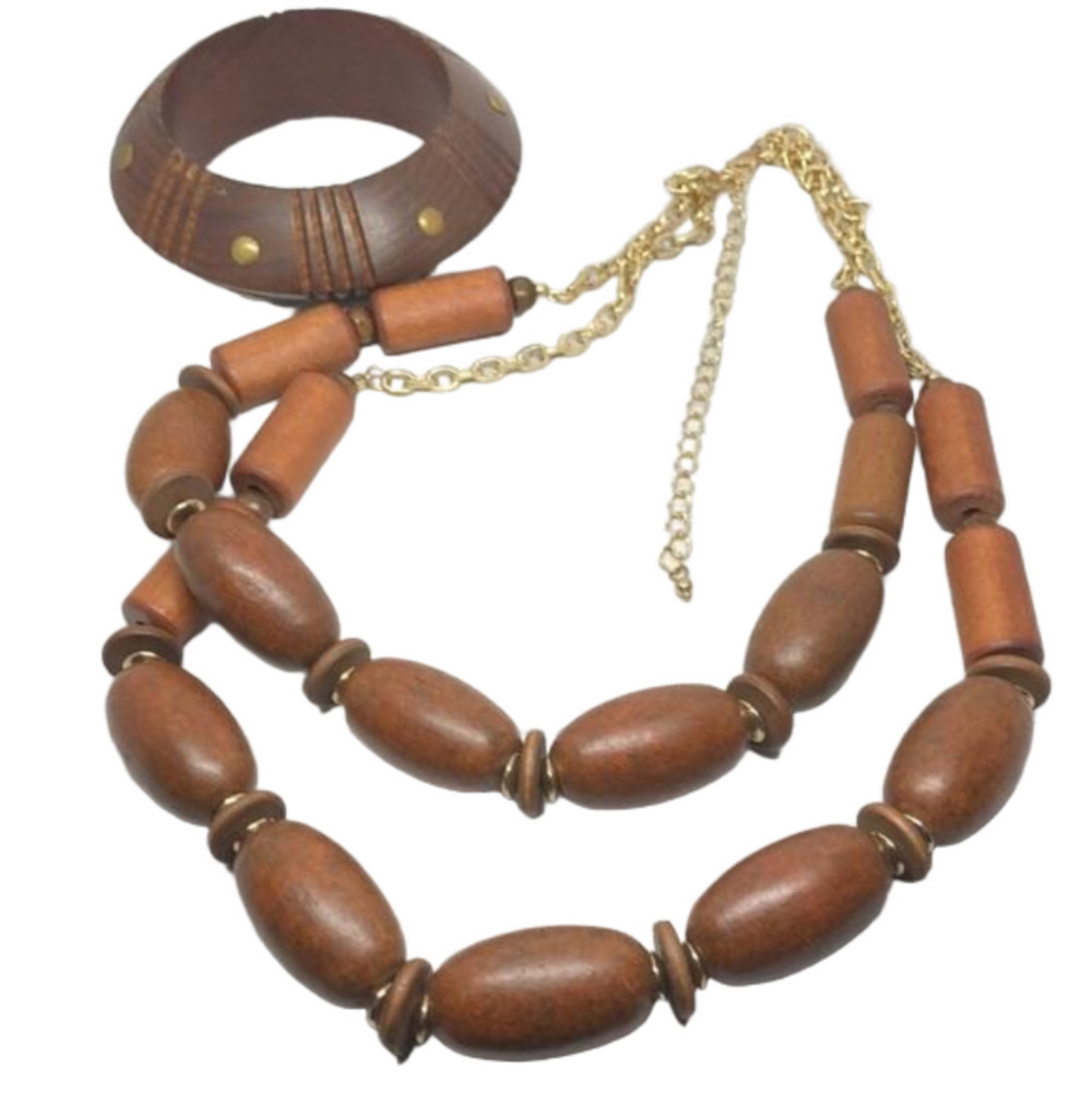 CURATED bundle boho statement chunky wooden necklace and vintage bangle bracelet